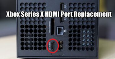 The back of an XBOX Series X console with the the repaired HDMI port circled